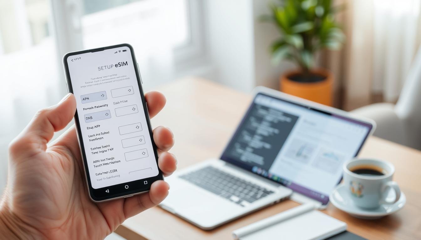 A close-up view of a smartphone displaying the eSIM setup interface for South Korea, with clear illustrations of the APN and DNS settings. The foreground features a hand holding the phone, showcasing the digital screen filled with diagrams and parameters necessary for proper configuration. In the middle ground, a well-organized workspace complements the scene, with a laptop open displaying a technical guide, and a cup of coffee for a casual yet professional atmosphere. The background shows a softly blurred modern office setting with neutral tones, bright natural lighting pouring in from a window. The overall mood is informative and tech-savvy, reflecting clarity and focus on the eSIM settings process.