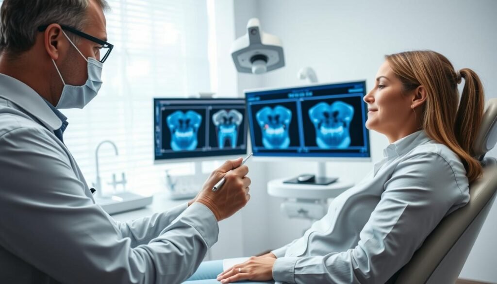A clinical dental examination scene focused on the diagnosis of peri-implantitis. In the foreground, a dentist, dressed in professional attire, uses a dental probe on a patient seated in a modern dental chair, showcasing serious attention to detail. The dentist is examining the patient's gum tissue around dental implants, and the patient appears calm, wearing a modest shirt. In the middle ground, various dental tools and diagnostic screens display x-rays of the implants, adding context to the examination. The background features bright, sterile dental office décor with soft, natural lighting illuminating the workspace, creating a clean and professional atmosphere. The image implies a sense of care and expertise, suitable for educational purposes.