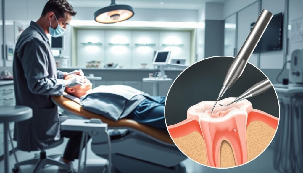 A detailed illustration of the root canal procedure at Haoping Dental Clinic, showcasing a modern dental setting. In the foreground, a dentist in professional attire gently works on a patient reclining in a comfortable dental chair, with focus on the dental tools and equipment used during the treatment. The middle ground depicts a close-up of the dental instruments, highlighting the precision and care taken during the procedure. In the background, a clean, well-organized dental office with bright lighting creates a reassuring atmosphere. The scene captures a sense of professionalism and care, emphasizing patient comfort and advanced dental technology. The image is well-lit, with soft shadows to enhance details, creating an inviting and informative visual representation of the dental treatment process.
