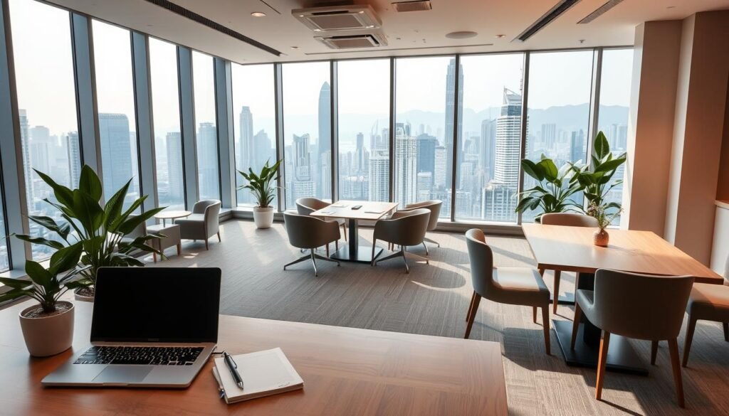 A modern flexible office workspace in Sheung Wan, featuring an open-plan layout. In the foreground, a stylish wooden desk with a laptop, notebooks, and a potted plant. In the middle ground, comfortable seating areas with sleek furniture, a collaborative table, and soft lighting that creates a warm atmosphere. The background reveals large windows offering a panoramic view of Hong Kong's skyline, filled with contemporary high-rises, while natural light floods the space. The color palette should include neutral tones with pops of green from indoor plants. The scene conveys a productive and inviting environment suitable for professionals, emphasizing financial considerations for businesses. The mood is focused yet relaxed, ideal for fostering creativity and collaboration.