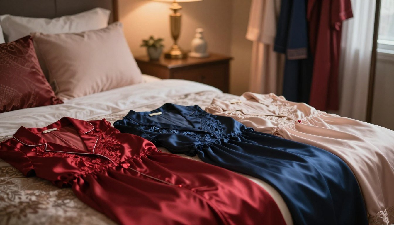 A stylish display of elegant sleepwear and chic loungewear, featuring a variety of delicate fabrics and intricate patterns. The foreground includes neatly arranged garments, showcasing soft silk and lace in rich colors such as deep red, midnight blue, and subtle pastels. In the middle, an inviting atmosphere with warm, diffused lighting creates a romantic vibe, highlighting the textures of the garments. The background features softly blurred elements of a cozy bedroom setting, with plush pillows and gentle drapes, enhancing the sense of intimacy. The overall mood is warm and inviting, perfect for illustrating the charm of intimate apparel, captured in a cinematic 4:3 aspect ratio.