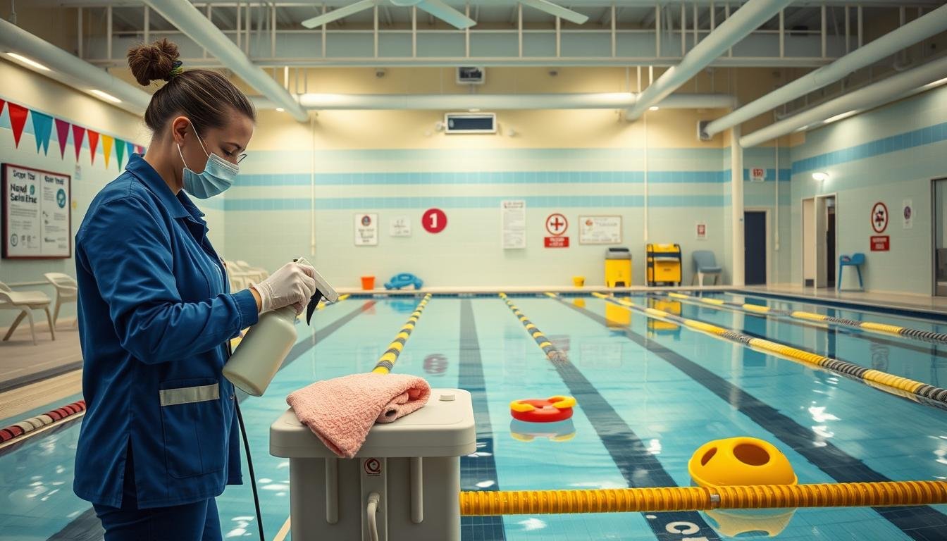 A well-organized swimming class hygiene management scene, showcasing various sanitation measures and cleaning procedures. In the foreground, a staff member in professional attire is disinfecting poolside equipment, using cleaning sprays and cloths. In the middle, a clear, chlorinated swimming pool with visible pool rules, signage about hygiene practices, and neatly arranged pool toys. Background elements include cleanliness-focused facilities such as hand sanitizer stations and clearly marked changing areas, surrounded by bright, cheerful lighting to create an inviting atmosphere. Capture this active scene from a medium angle that highlights both the staff at work and the pool's cleanliness, emphasizing a sense of safety and health awareness within the swimming environment.