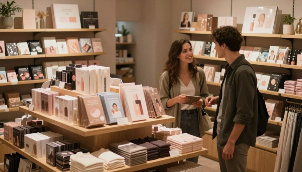 A cozy, intimate interior of a boutique store specializing in adult products, showcasing a rich variety of tasteful items on display. The foreground features elegantly arranged shelves with attractive packaging and soft, warm lighting that creates a romantic atmosphere. In the middle, a couple dressed in modest casual clothing explores the merchandise, smiling and engaged in conversation, highlighting their enjoyable shopping experience. The background reveals tasteful decor, including soft fabrics and gentle hues, enhancing the inviting ambiance. The scene is captured from a slightly elevated angle, reminiscent of a cinematic moment, emphasizing the unique charm of in-store shopping. The overall mood is welcoming and exploratory, perfect for illustrating the allure of a physical adult merchandise store in a safe and professional manner.