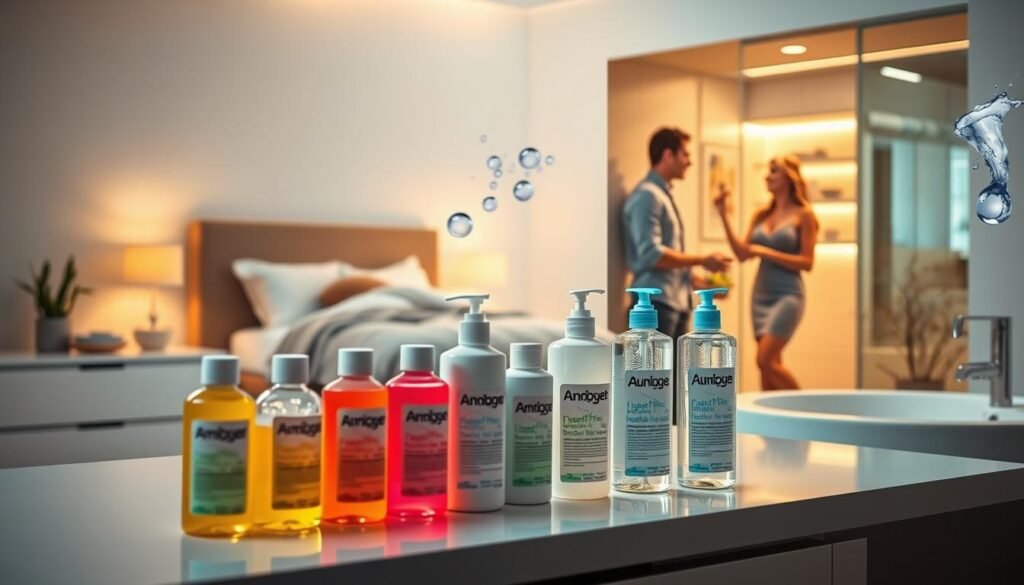 A vibrant and informative composition showcasing various water-based lubricant products in distinct application scenarios. In the foreground, display a beautifully arranged selection of lubricant bottles on a sleek, modern countertop, with labels subtly visible. The middle ground features a cozy bedroom setting, with soft lighting illuminating a plush bed, suggesting intimacy and comfort. In another section, depict a stylish bathroom with warm lighting, where a couple is engaging in a lighthearted conversation while reaching for a lubricant from a shelf, dressed in modest casual wear. The background shows abstract representations of moisture and hydration, creating a calming atmosphere. Employ a gentle focus effect to enhance a serene, inviting mood that emphasizes comfort and wellness. The scene should evoke feelings of relaxation and intimacy, clearly illustrating the versatility of water-based lubricants in everyday life.