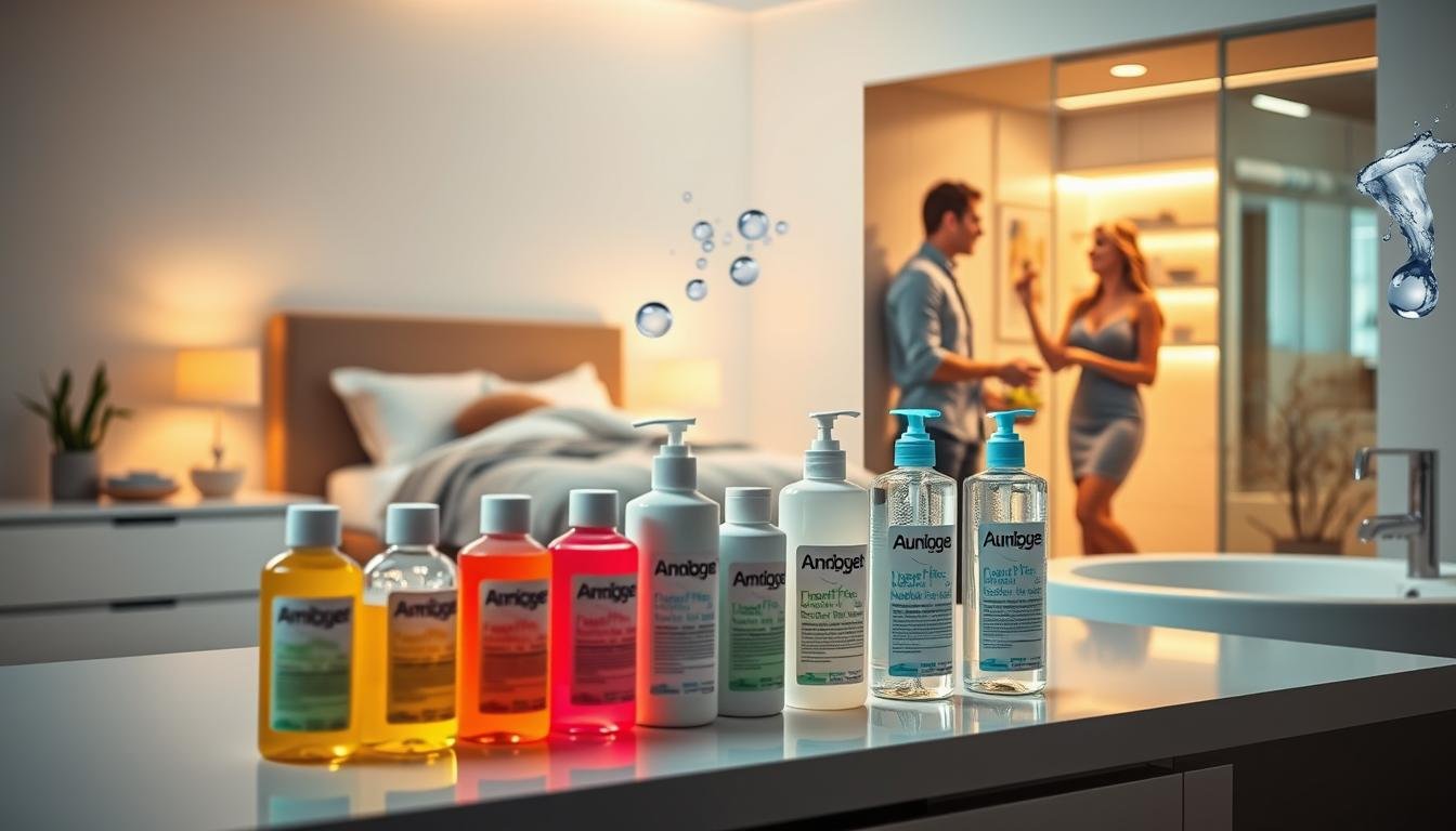 A vibrant and informative composition showcasing various water-based lubricant products in distinct application scenarios. In the foreground, display a beautifully arranged selection of lubricant bottles on a sleek, modern countertop, with labels subtly visible. The middle ground features a cozy bedroom setting, with soft lighting illuminating a plush bed, suggesting intimacy and comfort. In another section, depict a stylish bathroom with warm lighting, where a couple is engaging in a lighthearted conversation while reaching for a lubricant from a shelf, dressed in modest casual wear. The background shows abstract representations of moisture and hydration, creating a calming atmosphere. Employ a gentle focus effect to enhance a serene, inviting mood that emphasizes comfort and wellness. The scene should evoke feelings of relaxation and intimacy, clearly illustrating the versatility of water-based lubricants in everyday life.