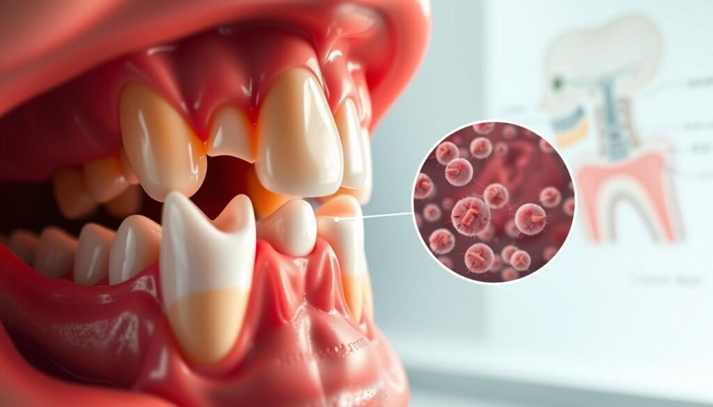 A detailed illustration showing the growth process of wisdom teeth, depicted in a sequential manner. In the foreground, focus on a realistic human jaw, with a clear view of emerging wisdom teeth, partially erupted and surrounded by gums. Use vibrant colors to highlight the teeth’s enamel and the healthy tissue. In the middle ground, include a magnified view of bacteria interacting with the gums, showing signs of infection, with a soft blur to convey depth. In the background, a subtle anatomical diagram of the jaw structure, slightly faded to avoid distraction. The lighting should be bright and clinical, emulating a dental office environment, highlighting details for educational purposes. Ensure the atmosphere is informative yet engaging, suitable for a medical article context.