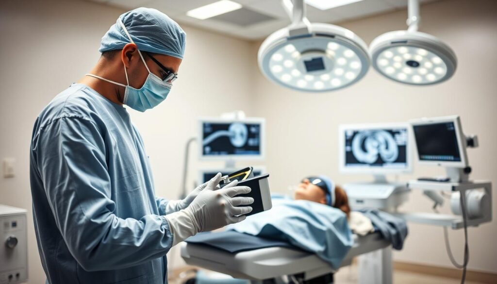 A sterile, well-lit operating room featuring advanced cataract ultrasound surgery equipment. In the foreground, a surgeon in professional attire is carefully preparing for the procedure, wearing sterile gloves and a surgical mask, focused and attentive. The middle ground showcases a patient comfortably lying on an operating table, with an eye shield in place, emphasizing relaxation and trust. Bright medical lights illuminate the scene, creating a bright, clinical atmosphere. In the background, medical monitors and instruments are neatly arranged, highlighting the technological aspect of modern cataract surgery. The overall mood is calm and reassuring, reflecting the precision and care involved in this important medical procedure.