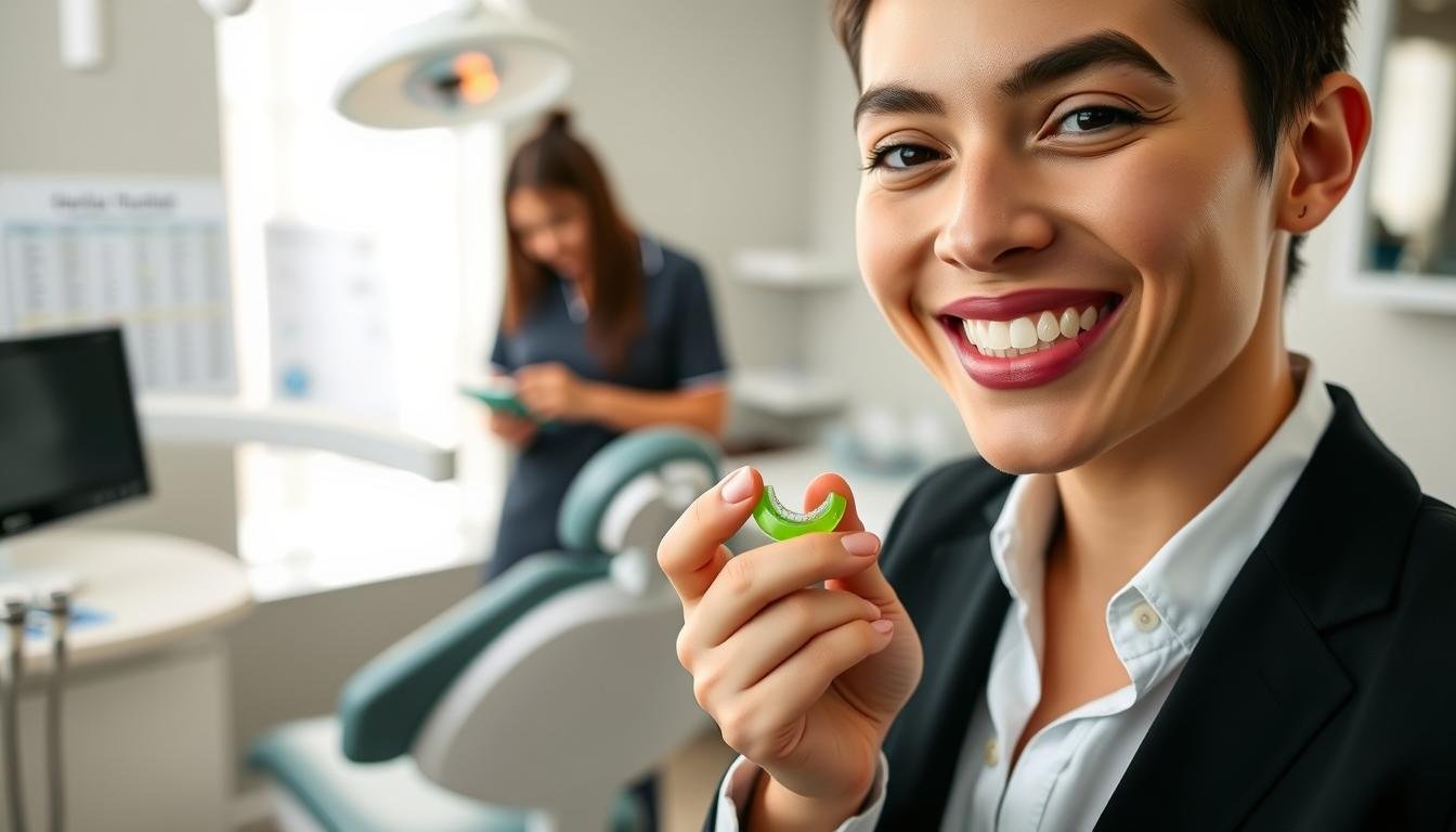 A close-up of a professional, well-lit dental office showcasing a person using Invisalign Chewies. The foreground features a smiling individual, dressed in smart casual attire, holding a bright green Chewy in one hand and an Invisalign aligner in the other. The middle ground displays a dental chair and equipment, emphasizing a clean and modern dental environment, with a chart about Invisalign treatment subtly visible. The background shows a softly blurred dental assistant, attending to tools, creating a collaborative atmosphere. Soft, natural lighting illuminates the scene, enhancing the sense of professionalism and care. The overall mood is informative and supportive, reflecting a focus on the best practices for using Chewies effectively during Invisalign treatment.
