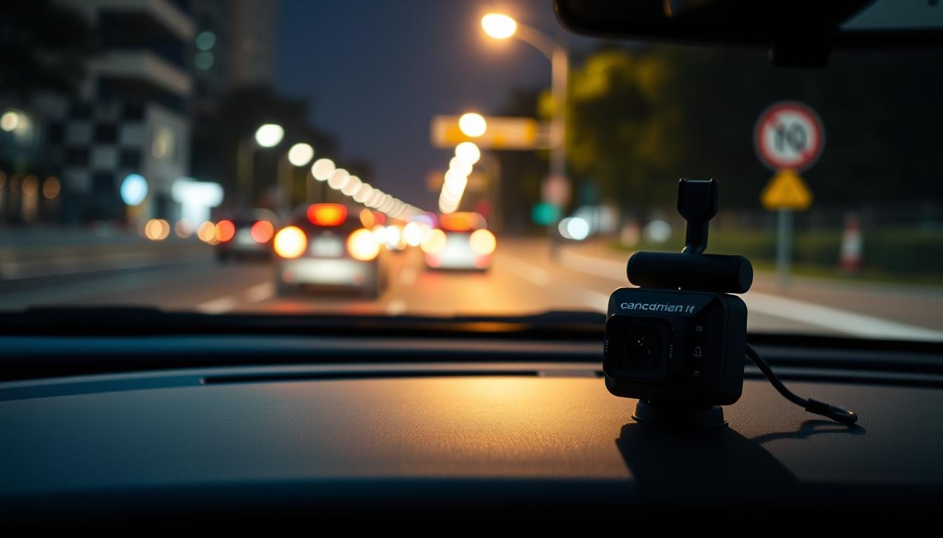 A close-up view of a car dashboard featuring a modern car dashcam, set against a backdrop of a nighttime urban street. The dashcam is prominently displayed, showcasing its sleek design and high-tech features. Soft ambient streetlight illuminates the scene, creating a contrast between the dashboard and the outside darkness. In the background, blurred silhouettes of cars and street signs suggest a busy road. The mood is tense yet professional, evoking a sense of vigilance and safety. The dashboard is clean and polished, reflecting regular car detailing practices, with subtle highlights that emphasize the functionality of the dashcam as a protective device. The angle captures the dashboard's perspective, inviting viewers to appreciate the importance of technology in ensuring safety on the road.