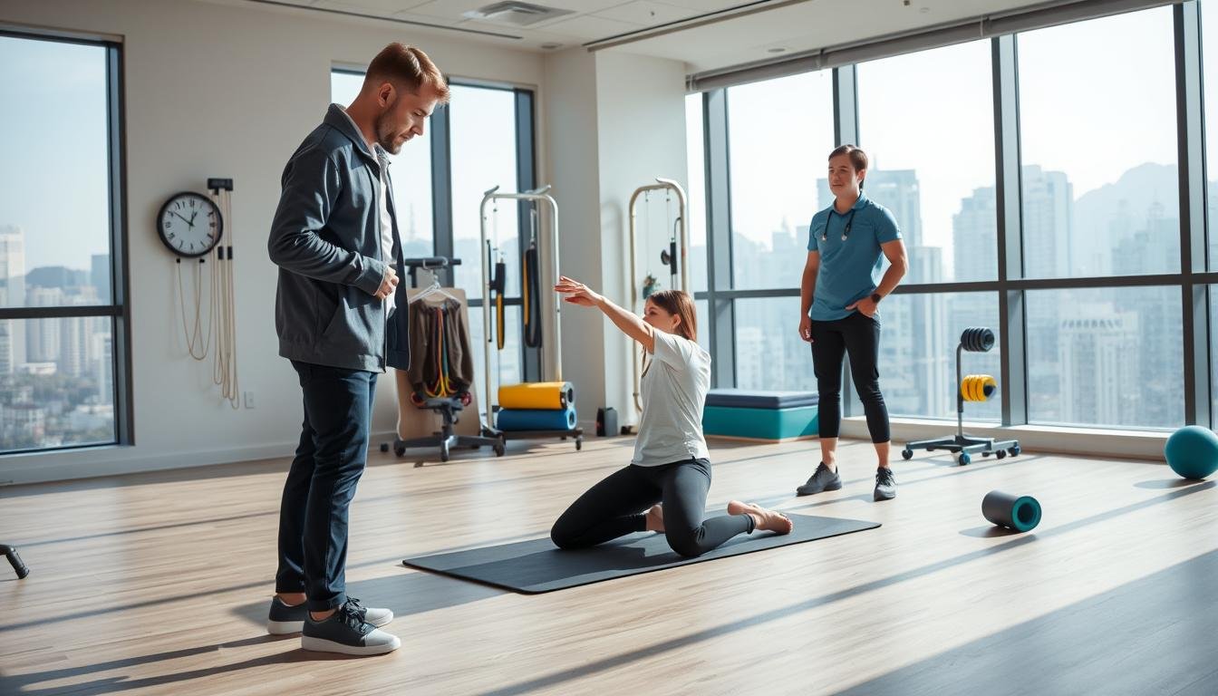 A healthcare professional in a modern physiotherapy clinic setting in Hong Kong is engaging in a meniscus tear treatment session with a patient. In the foreground, the specialist, dressed in smart casual sports therapy attire, demonstrates an exercise on a rehabilitation mat. The patient, wearing comfortable athletic clothing, follows instructions attentively. In the middle ground, various rehabilitation equipment is visible, including resistance bands and foam rollers. The background shows large windows with natural light streaming in, highlighting a serene cityscape outside. The mood is focused and professional, emphasizing the importance of personalized recovery tracks. The image is captured with a soft focus, using a 35mm lens, showcasing clear details of the treatment environment and the interaction between the patient and specialist.