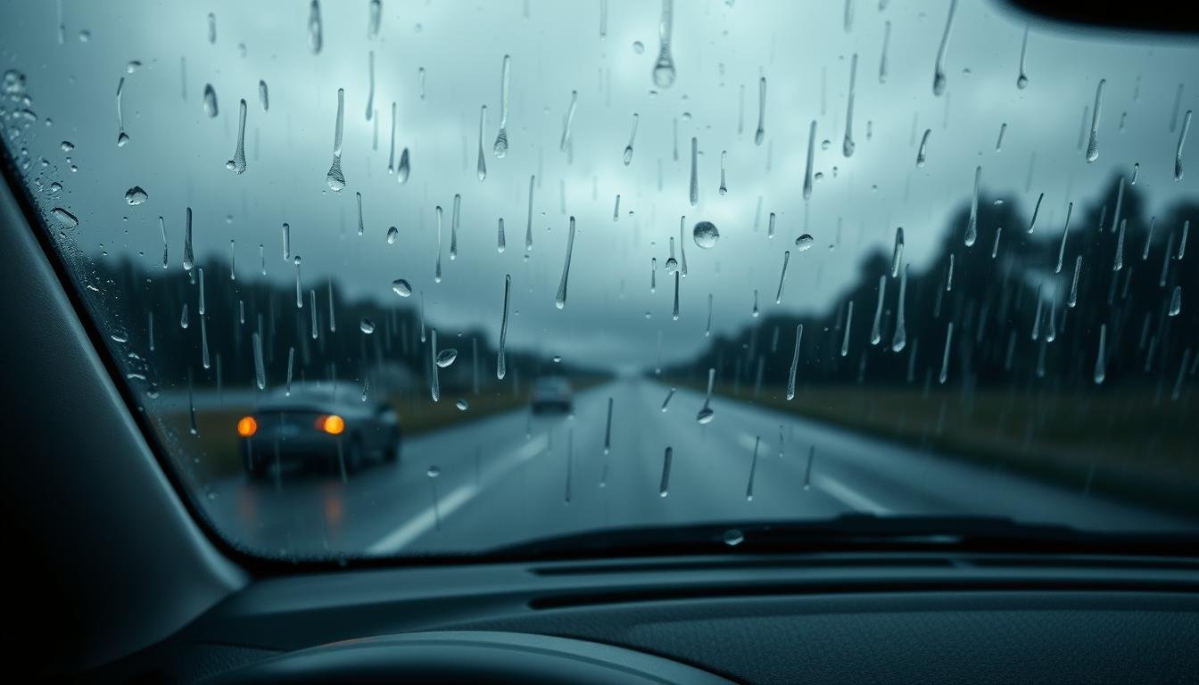 A high-quality close-up of a car dashboard featuring a dashcam during a heavy rainstorm. The foreground shows the dashcam lens with droplets of water delicately beading on its hydrophobic surface, highlighting its clarity despite the adverse weather conditions. In the middle, the blurred view of the windshield captures rain pouring down, creating a sense of motion. The background features a gloomy, overcast sky through the windshield, enhancing the mood of a stormy day. The lighting is dim and natural, reflecting the somber atmosphere of heavy rainfall. Ensure the image conveys a sense of reliability and technological advancement, illustrating how the dashcam maintains a clear view in challenging conditions. No text or logos should be included.