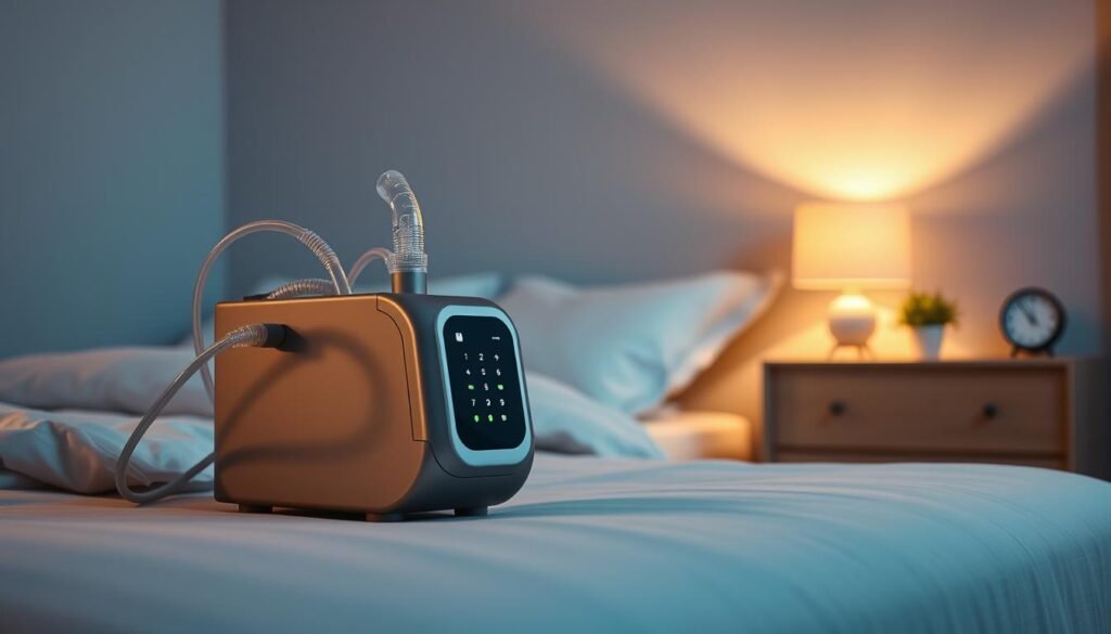 A high-quality, realistic image of a sleep apnea machine, prominently placed in the foreground on a bedside table. The machine has a sleek, modern design with visible hoses and a control panel displaying gentle LED lights. In the middle ground, a peaceful bedroom scene with soft, ambient lighting provides a calm atmosphere, featuring a neatly made bed with a serene color palette. The background includes a relaxing nightstand with a small plant and a clock, enhancing the tranquil setting. The overall ambiance is soothing, conveying a sense of comfort and relief associated with using the breathing machine. The lighting is warm and inviting, creating a sense of safety and calmness. Ensure the image is free from any text or distractions.