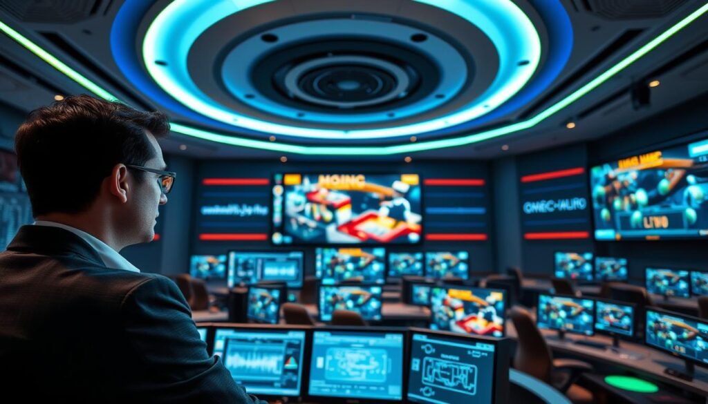 A high-tech control room featuring advanced audio synchronization technology for live streaming, with sleek, modern digital interfaces and screens displaying WebSocket connections. In the foreground, a professional-looking technician in business attire is intently monitoring audio signals on a large interface, with sound wave visualizations evident. The middle ground showcases multiple computer screens displaying real-time data and graphics related to live dealer games, emphasizing the concept of audio and video synchronization. The background is a futuristic environment with soft blue and green lighting that evokes a sense of innovation and precision. The atmosphere is focused and dynamic, highlighting the importance of seamless communication technology in gaming.