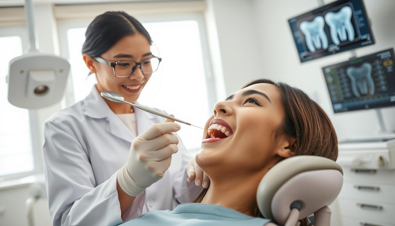 A professional dentist examining a patient’s gums in a modern dental clinic. The dentist, a middle-aged Asian female in a white lab coat and gloves, is focused and attentive, holding a dental mirror and probe above the patient’s mouth. In the background, a bright, sterile environment with dental equipment like an X-ray machine and monitors displaying periodontal charts is visible. Soft, natural lighting from large windows creates a calming atmosphere, highlighting the importance of regular dental check-ups for periodontal disease prevention. The scene conveys professionalism and care, emphasizing the dentist's role in maintaining oral health. The angle is slightly above eye level, giving a comprehensive view of the interaction and the clinical setting.