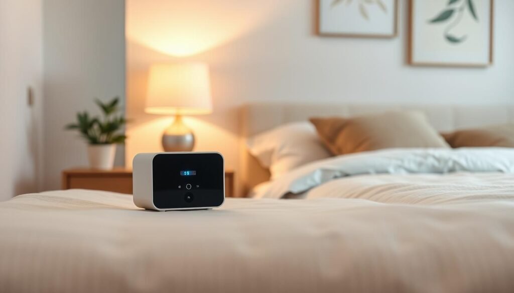 A sleek, modern "静音型睡眠呼吸机" (silent sleep respirator) prominently displayed on a bedside table in a softly lit, cozy bedroom. The respirator features clean lines, a minimalist design, and a gentle blue LED display, emphasizing its advanced technology and whisper-quiet operation. In the foreground, a plush, neatly made bed with a textured duvet and decorative pillows creates a warm atmosphere. The middle ground includes a bedside lamp casting a soft, diffused glow, and a small potted plant adding a touch of nature. The background showcases a serene wall with subtle art decor that reflects tranquility. The overall mood is calm and inviting, highlighting the importance of a peaceful sleep environment for sensitive users. Use soft focus and warm tones to enhance the comforting atmosphere of the scene.