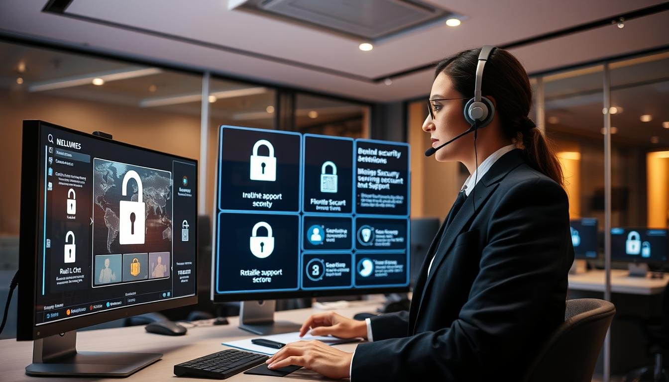 A visually compelling image depicting a secure online gaming environment focused on 3A Entertainment City’s account safety procedures. In the foreground, a professional customer service agent, dressed in smart business attire, is interacting with a computer interface displaying security features and account management options. In the middle, various screens show lock icons, biometric security symbols, and real-time chat support options. The background features a sleek, modern office space with soft, warm lighting that conveys a sense of reliability and professionalism. The atmosphere should feel inviting yet secure, emphasizing a commitment to player account safety and stable login processes. Use a wide-angle lens perspective to capture both the agent and the high-tech environment around them.