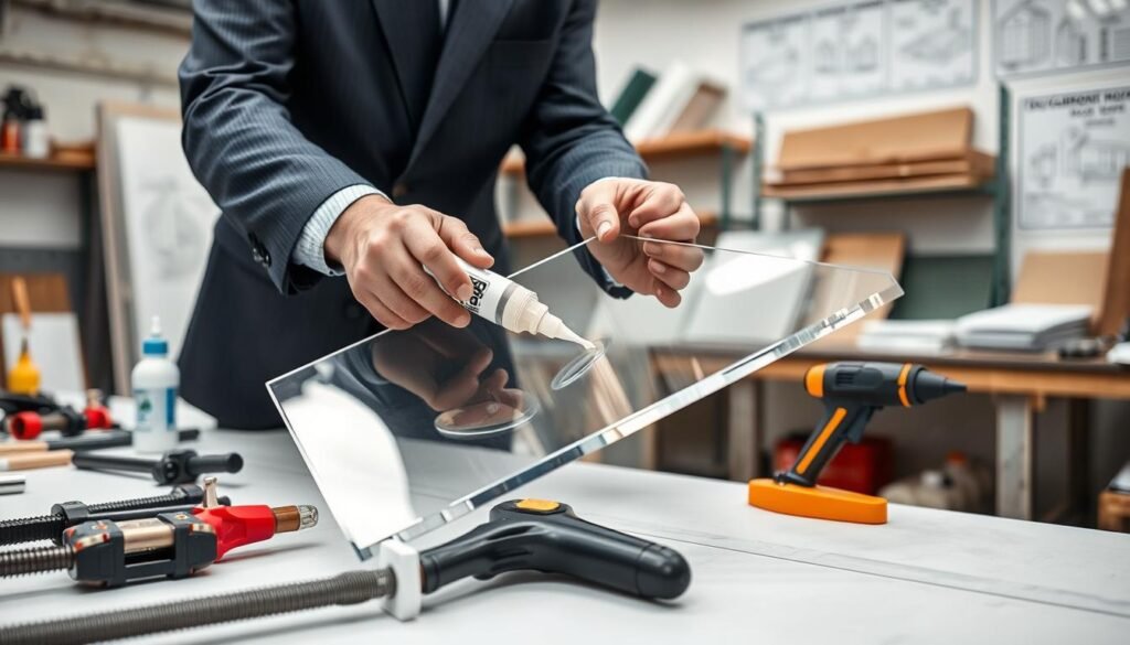 A detailed workspace showcasing various bonding techniques for flat polycarbonate sheets. In the foreground, a craftsman in a professional business attire carefully applies adhesive to the edge of a clear polycarbonate sheet, using a precise glue syringe. The middle ground features a table filled with tools: clamps, a heat gun, and different types of adhesive bottles, all organized neatly. The background includes a well-lit workshop with shelves holding completed polycarbonate projects and instructional diagrams on the walls. The lighting is bright and even, enhancing the clarity of materials, while a shallow depth of field draws focus to the craftsman’s hands in action. The atmosphere is professional and focused, embodying a meticulous approach to bonding techniques.