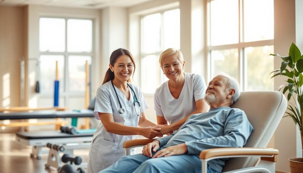 A modern outpatient medical center showcasing post-operative rehabilitation services, filled with soft, natural lighting. In the foreground, a nurse in professional attire assists a middle-aged patient who is seated on a comfortable recovery chair, surrounded by gentle, calming colors. The nurse is smiling, demonstrating care and support. In the middle, rehabilitation equipment like exercise bands and light weights are neatly arranged, emphasizing a warm and healing environment. The background features large windows letting in bright sunlight, creating an inviting atmosphere. The scene reflects a serene and supportive mood, promoting recovery and wellness after medical procedures, suitable for an informative article about medical care in outpatient centers.