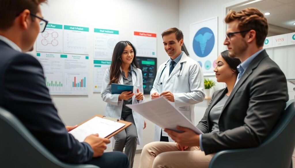 A serene and professional medical consultation scene depicting a couple in a modern clinic for preconception health checks. In the foreground, a young couple, dressed in professional business attire, sits together, looking attentive and engaged while reviewing a health report on a clipboard. The middle ground features a friendly healthcare practitioner, dressed in a lab coat, explaining vital health indicators on a digital screen nearby. In the background, the clinic is well-lit with soft, warm lighting, showcasing medical charts, fertility posters, and a welcoming atmosphere. The overall mood is one of hope and proactive health management, emphasizing the importance of medical checks in the preparation for parenthood.