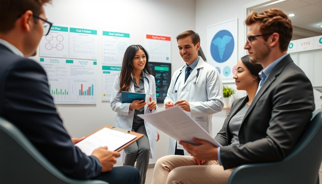 A serene and professional medical consultation scene depicting a couple in a modern clinic for preconception health checks. In the foreground, a young couple, dressed in professional business attire, sits together, looking attentive and engaged while reviewing a health report on a clipboard. The middle ground features a friendly healthcare practitioner, dressed in a lab coat, explaining vital health indicators on a digital screen nearby. In the background, the clinic is well-lit with soft, warm lighting, showcasing medical charts, fertility posters, and a welcoming atmosphere. The overall mood is one of hope and proactive health management, emphasizing the importance of medical checks in the preparation for parenthood.