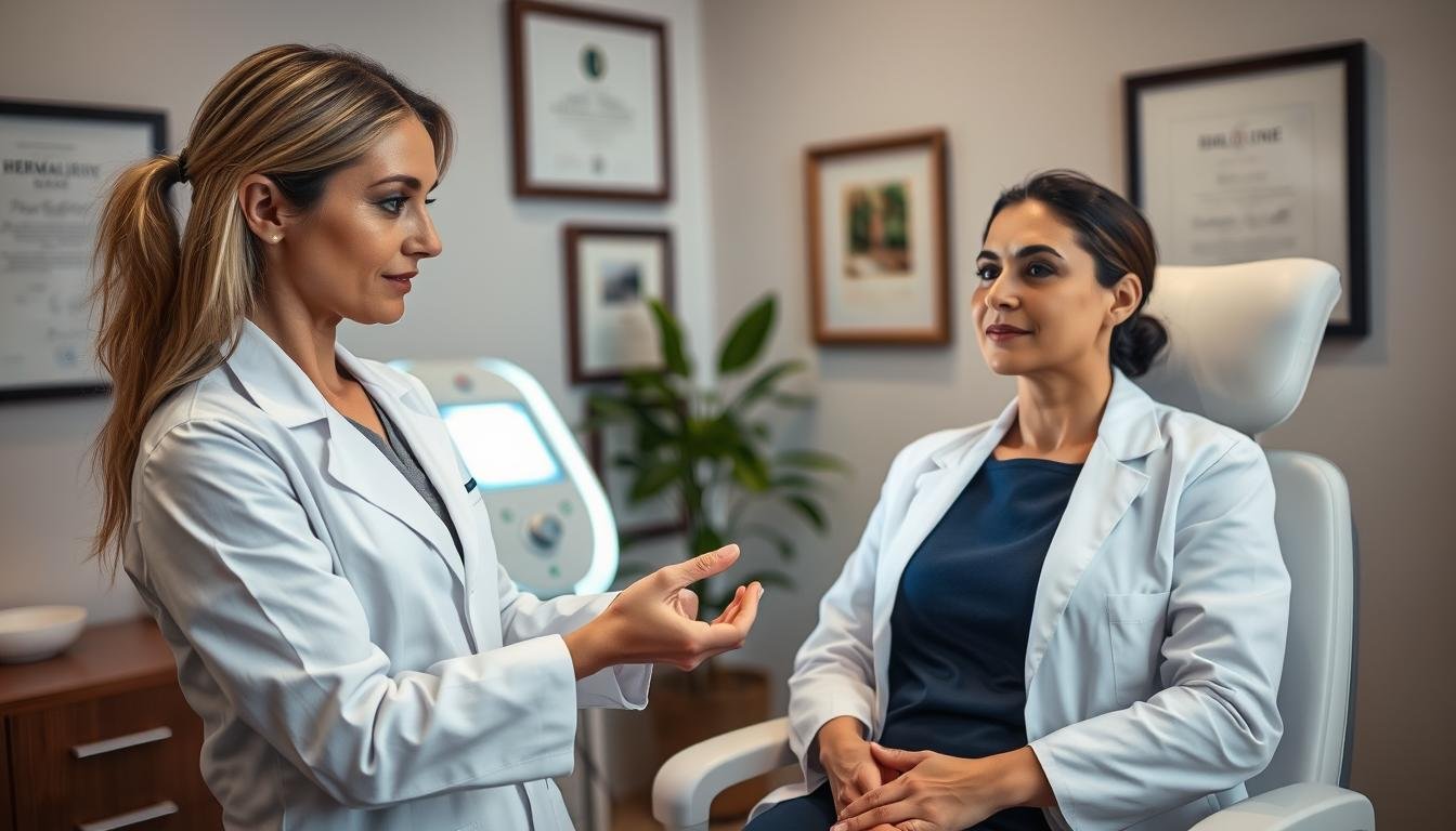 A serene dermatologist office featuring a professional female dermatologist in a lab coat, demonstrating the pico laser treatment on a patient’s face, which shows subtle fading spots on the skin. The dermatologist is attentively explaining the procedure to the patient, who sits comfortably in a modern examination chair. The foreground captures their focused interaction, while the middle ground highlights the advanced pico laser equipment with soft, ambient lighting that creates a calming atmosphere. In the background, framed certificates and a plant add a touch of professionalism and tranquility, emphasizing a clean and inviting medical environment. The lighting is warm and soft, giving a feel of safety and expertise, shot from a slight angle to capture both the dermatologist’s expression and the patient's relaxed demeanor.
