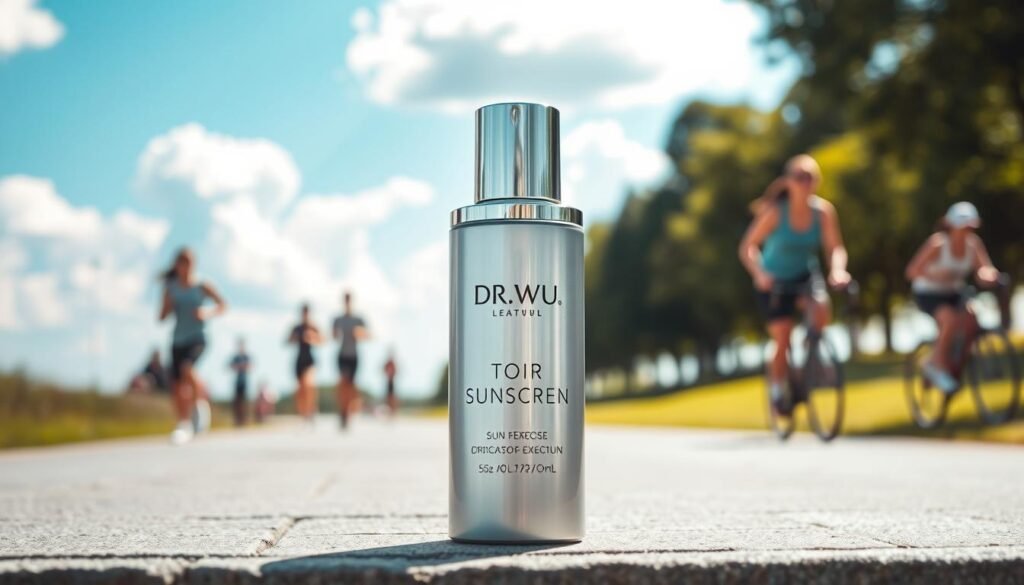 A sleek, modern product display featuring DR.WU sunscreen, emphasizing its design as a top choice for post-exercise application. Place the sunscreen bottle prominently in the foreground, showcasing its elegant packaging with subtle reflective highlights. In the middle ground, a blurred outdoor scene of a park with people engaging in various athletic activities, such as jogging and cycling, conveys the active lifestyle message. The background features a bright blue sky with fluffy white clouds, symbolizing a sunny day. Soft, natural lighting creates a warm and inviting atmosphere, while a slight bokeh effect enhances focus on the sunscreen. The image is designed to appeal to health-conscious individuals seeking effective sun protection without compromising their makeup.