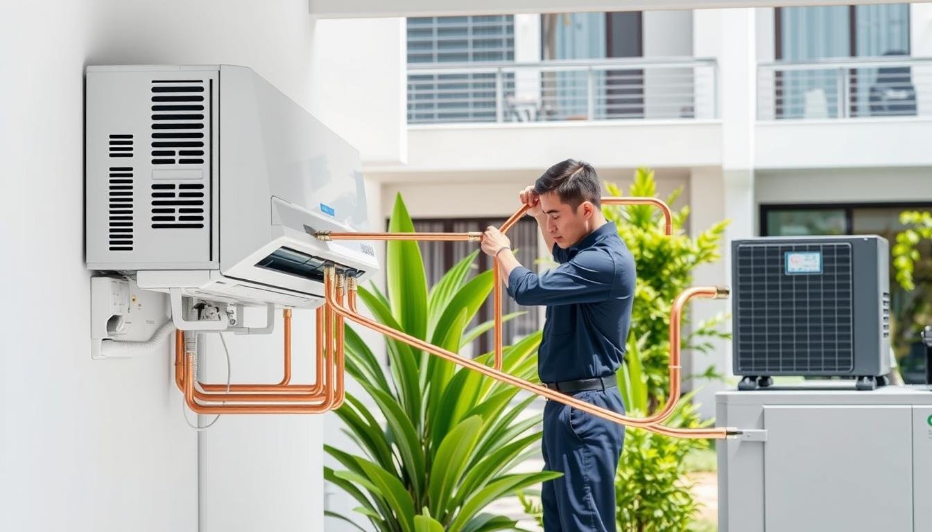 A detailed and technical illustration of a split air conditioning unit installation, showcasing the arrangement of indoor and outdoor units with properly routed refrigerant lines. In the foreground, an indoor unit is mounted on a wall, with visible copper tubes leading outside. The middle ground features a technician in professional attire carefully connecting the refrigerant lines to an outdoor compressor unit, highlighting compliance with Hong Kong regulations. In the background, a modern residential setting can be seen, along with green plants to evoke a fresh atmosphere. The lighting is bright and natural, emphasizing cleanliness and professionalism. The angle captures both the indoor and outdoor units in one cohesive shot, illustrating a well-planned installation process.
