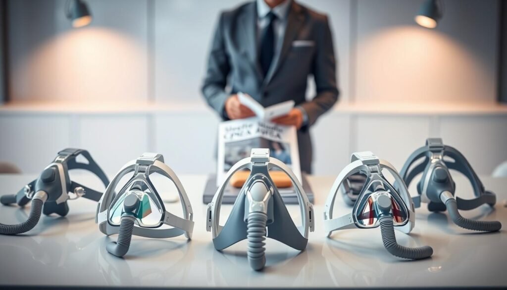 A detailed, informative image focusing on sleep apnea masks. In the foreground, display several types of CPAP masks, including nasal pillow, full-face, and nasal masks, arranged neatly. The middle ground features a clear, organized layout of a professional setting, including a sleek table showcasing a guidebook on sleep apnea equipment. In the background, soft, diffused lighting creates a calming atmosphere, and a blurred hint of a healthcare professional in a smart outfit can be seen assessing the masks. The angle is slightly above eye level for a comprehensive view, emphasizing the importance of choosing the right product. The mood is scientific yet approachable, suitable for educating the viewer.