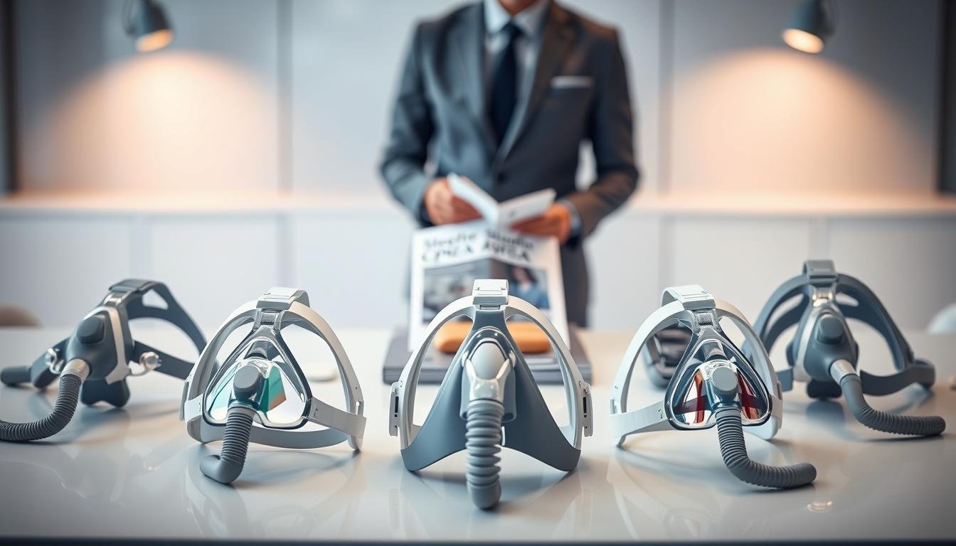 A detailed, informative image focusing on sleep apnea masks. In the foreground, display several types of CPAP masks, including nasal pillow, full-face, and nasal masks, arranged neatly. The middle ground features a clear, organized layout of a professional setting, including a sleek table showcasing a guidebook on sleep apnea equipment. In the background, soft, diffused lighting creates a calming atmosphere, and a blurred hint of a healthcare professional in a smart outfit can be seen assessing the masks. The angle is slightly above eye level for a comprehensive view, emphasizing the importance of choosing the right product. The mood is scientific yet approachable, suitable for educating the viewer.