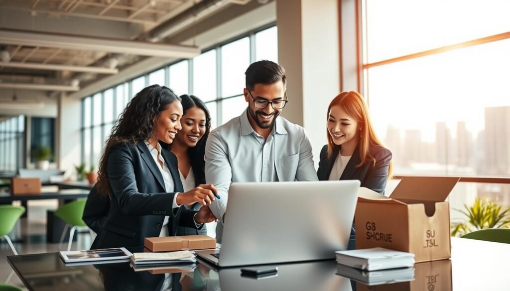 A professional scene showcasing a modern, simplified American purchasing service, emphasizing efficiency and customer support. In the foreground, a diverse group of three professionals in smart business attire collaborate over a sleek laptop, highlighting ease of online transactions. The middle ground features a stylish, organized workspace with relevant tools like credit card and shipping materials. In the background, a large window reveals a city skyline, bathed in warm, natural light, creating an inviting atmosphere. The color palette is fresh and contemporary, with greens and blues to evoke trust and reliability. The mood is upbeat and professional, capturing the essence of hassle-free service and customer satisfaction.