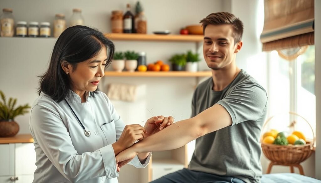 A serene wellness clinic setting, showcasing a practitioner performing acupuncture on a patient with eczema. The foreground features the acupuncturist, a middle-aged Asian woman in professional attire, carefully placing needles along the patient’s forearm, visibly focused and skilled. The patient, a young Caucasian man, dressed in modest casual clothing, appears relaxed and at ease, with a gentle look of relief on his face. In the middle background, shelves stocked with herbal remedies and a bowl of colorful fruits representing dietary suggestions for skin health. Soft, natural lighting streams in through a window, creating a warm and calming atmosphere. The overall mood is one of healing and tranquility, reflecting the holistic approach to eczema management through acupuncture and diet.