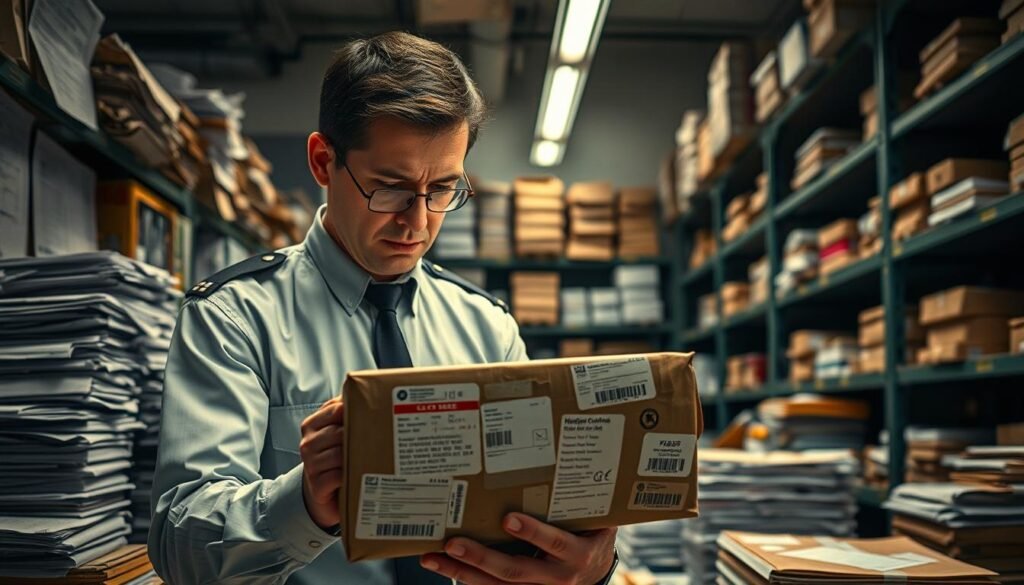 A visual representation of a customs officer inspecting a package with an array of international and domestic shipping labels, amidst a backdrop of cluttered customs paperwork and regulation books. In the foreground, the officer, dressed in a formal uniform, examines the package closely with a serious expression, illuminated by soft, overhead lighting that casts gentle shadows. The middle ground features stacks of similar packages, suggesting the volume of mail handled, while the background is filled with shelves of various goods typical of cross-border shipments. The mood is tense yet professional, capturing the intricate and often stressful nature of customs inspections.