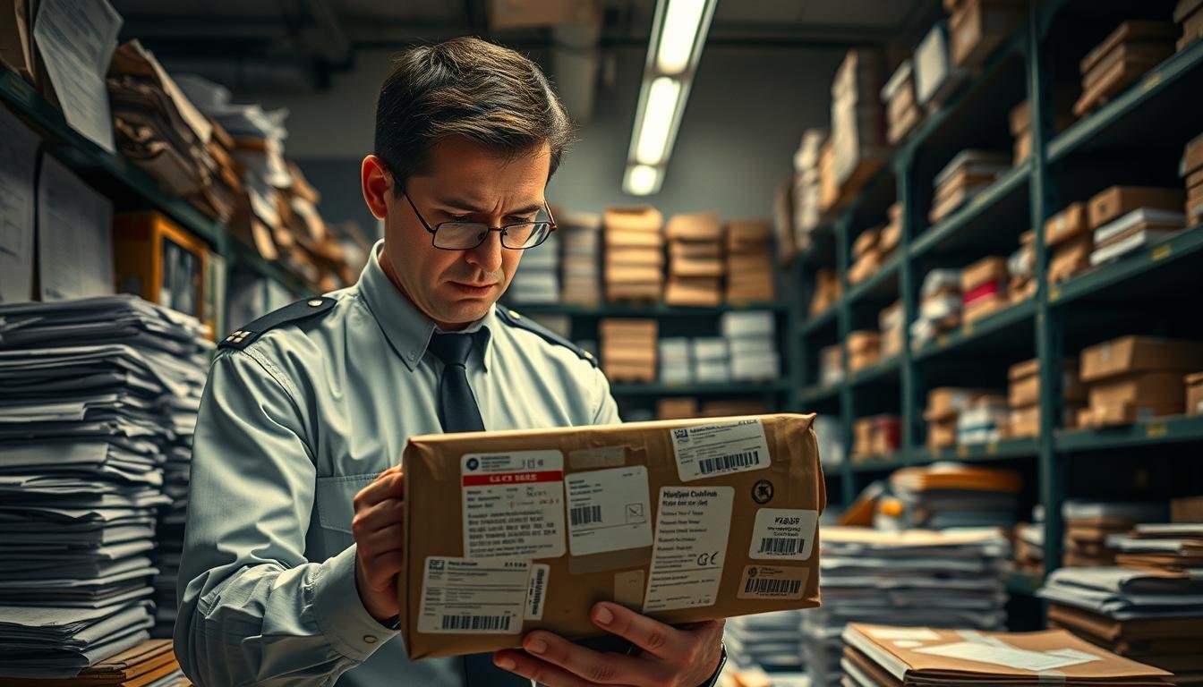 A visual representation of a customs officer inspecting a package with an array of international and domestic shipping labels, amidst a backdrop of cluttered customs paperwork and regulation books. In the foreground, the officer, dressed in a formal uniform, examines the package closely with a serious expression, illuminated by soft, overhead lighting that casts gentle shadows. The middle ground features stacks of similar packages, suggesting the volume of mail handled, while the background is filled with shelves of various goods typical of cross-border shipments. The mood is tense yet professional, capturing the intricate and often stressful nature of customs inspections.