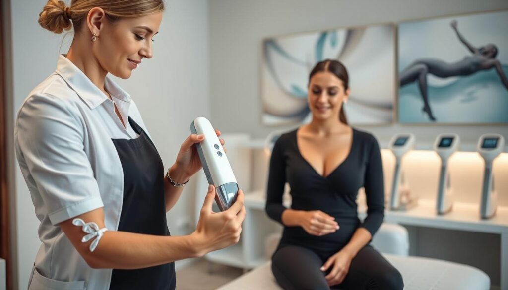 A serene and professional beauty therapy room focused on breast enhancement methods. In the foreground, a well-groomed therapist in professional attire is demonstrating a modern technology device on a client who is comfortably seated and wearing modest clothing. The therapist is gently applying the device, showcasing its intricate details and modern design. The middle ground reveals various high-tech equipment lined on a sleek shelf, emphasizing the advanced technology available for breast enhancement. Soft, diffused lighting fills the room, creating a calm and inviting atmosphere. The background features calming colors and abstract art, invoking a sense of relaxation and trust in the therapeutic process. The overall mood should be serene, professional, and focused on wellness.