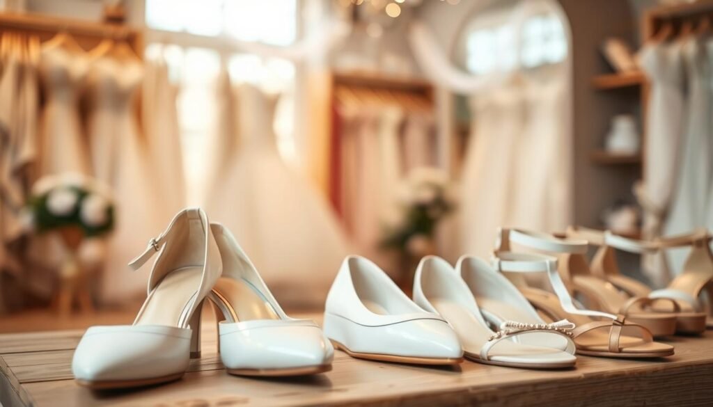 A beautifully arranged display of elegant, affordable wedding shoes suitable for everyday wear, featuring a variety of styles and colors. In the foreground, focus on a selection of classic white heels, comfortable flats, and chic sandals, showcased on soft, rustic wood. The middle ground features a soft, blurred background of a warm, welcoming bridal boutique, with delicate embellishments like lace and tulle draping. Soft, natural lighting filters in from a nearby window, creating a serene and inviting atmosphere. The scene is styled to evoke feelings of romance and practicality, showcasing the best options for brides looking for budget-friendly yet stylish shoes that can transition easily to everyday outfits.