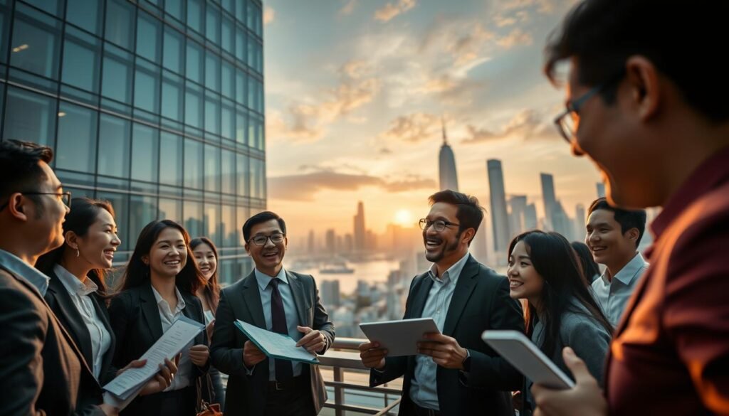 A dynamic scene depicting the bustling energy of Hong Kong, emphasizing the theme of efficiency in the immigration approval process. In the foreground, a diverse group of professionals in business attire enthusiastically discussing plans, with digital tablets and documents in their hands, symbolizing the improved approval times of the Quality Migrant Admission Scheme. In the middle ground, a modern office building with large glass windows reflects the vibrant cityscape. The background features iconic Hong Kong landmarks like Victoria Harbour and the skyline bathed in soft, warm lighting at sunset, creating an atmosphere of optimism and opportunity. The overall mood should evoke a sense of progress, professionalism, and collaboration, with a wide-angle perspective capturing the essence of this thriving urban environment.