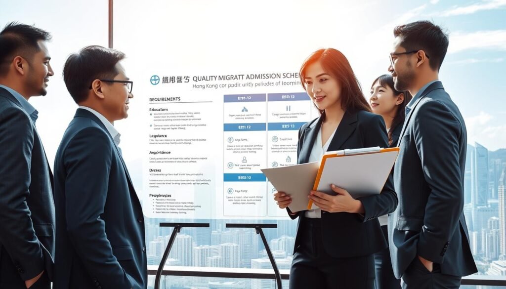 A professional setting showcasing the requirements of Hong Kong's Quality Migrant Admission Scheme. In the foreground, a diverse group of individuals in business attire, including men and women of different ethnicities, engaged in a discussion with a clipboard and documents detailing application criteria. The middle ground features a large infographic display with visual representations of key requirements, such as education level, work experience, and language proficiency, illustrated in a modern and sleek design. The background captures a panoramic view of Hong Kong's skyline, under a bright, clear sky, symbolizing opportunity and aspiration. The lighting is bright and inviting, emphasizing a hopeful atmosphere that showcases the promising changes in the application process. The overall mood conveys professionalism, ambition, and clarity.