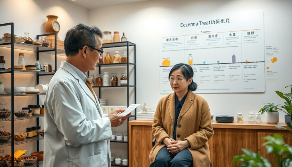 A serene and organized clinic setting focused on traditional Chinese medicine for eczema treatment. In the foreground, a skilled practitioner in professional attire is consulting a patient, who is attentively listening and taking notes. The practitioner holds a small herbal remedy, symbolizing the treatment process. In the middle ground, shelves filled with various herbal ingredients and traditional Chinese medicine tools are visible, adding depth to the scene. Soft, warm lighting illuminates the room, creating a calming atmosphere. In the background, a wall features a large diagram illustrating the timeline and adjustments required in eczema treatment, emphasizing the subject of time and therapy in traditional medicine. The entire composition conveys a sense of healing and professionalism.