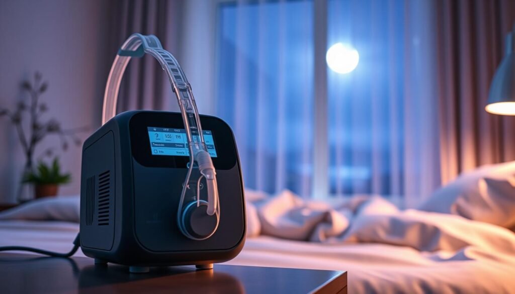 A sleek, modern CPAP machine prominently displayed in the foreground, showcasing its innovative features like a digital interface and comfort-focused design. In the middle ground, a softly lit, serene bedroom setting enhances the focus on the CPAP device, with cozy bedding and soothing color tones. In the background, a window reveals a tranquil night scene with the moonlight filtering through sheer curtains, creating a calm and restful atmosphere. The overall lighting should be soft and warm, emphasizing a sense of comfort and tranquility, ideal for sleep improvement. The composition should be from a slightly elevated angle, allowing a clear view of the CPAP machine while highlighting its role in enhancing nighttime oxygen levels for better sleep quality.